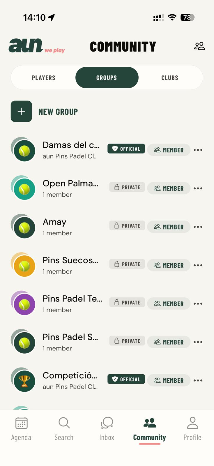 The AUN groups tab showing official and private padel groups