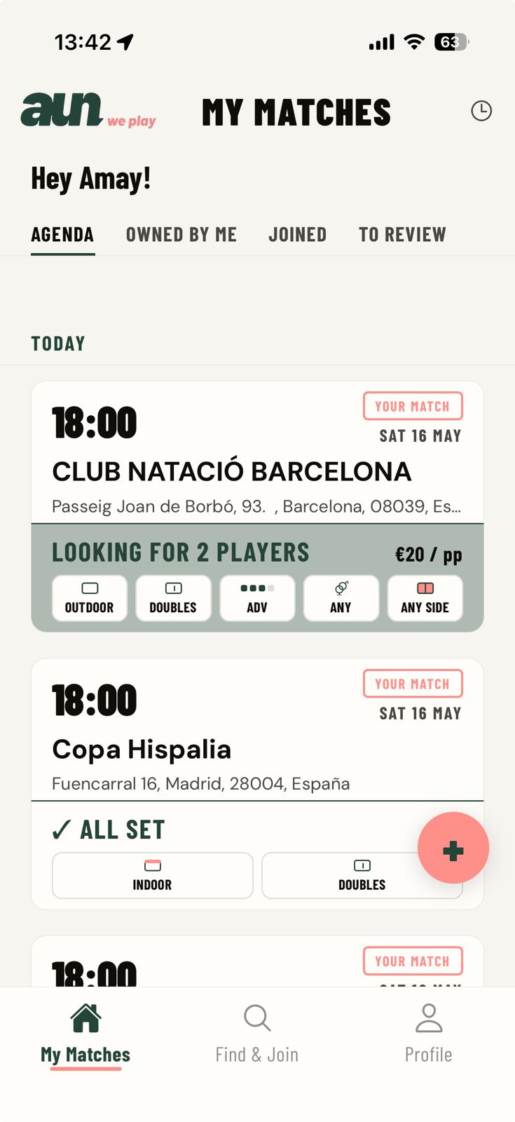 My Matches app screen