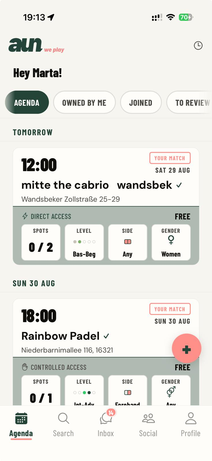 aun app: agenda with matches looking for players
