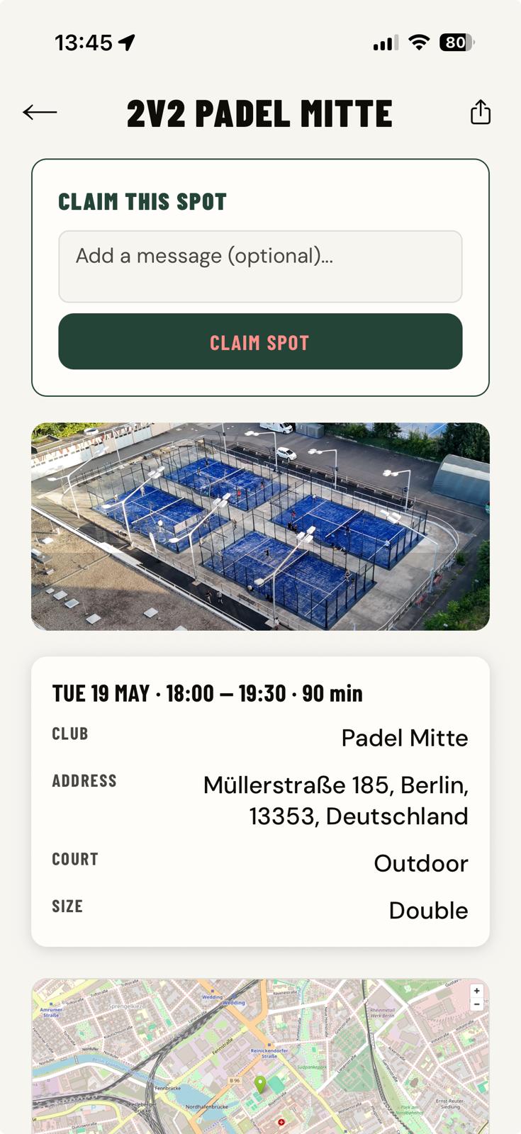 The AUN claim-a-spot screen for an open padel match