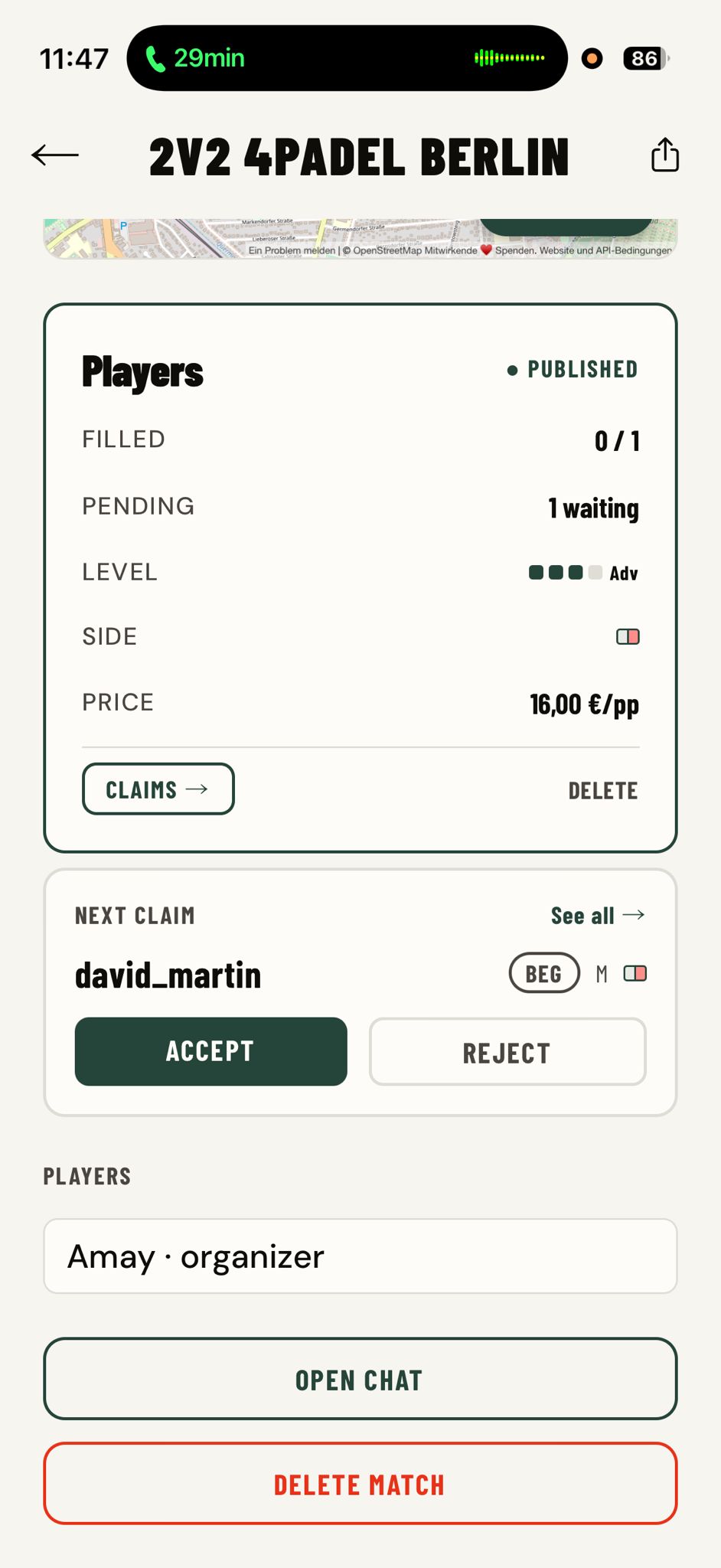 The AUN match screen showing claims coming in on a posted padel slot